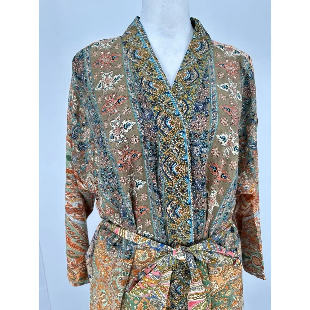Lunas Vintage Silk Blend Kimono Robe Duster OS Boho Paisley Belted Fairy Earthy